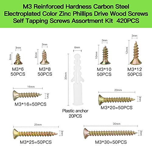 M3 Flat Head Wood Screws Assortment Fasteners Kit 420pcs,Phillips Drive Countersunk Head Self-Tapping Screws,Yellow Zinc Plated Finish,Contains 20pcs M6 Screw Anchors