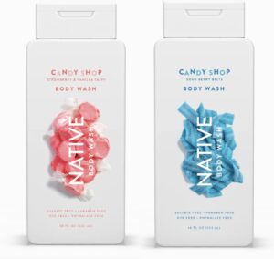 native candy shop limited edition body wash set | sulfate free, paraben free, & dye free, 18 oz each, pack of 2 (strawberry & vanilla taffy/sour berry belts)