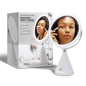 sharper image spastudio vanity sound, 9-inch led mirror with built-in speaker, wireless bluetooth audio, touch-activated brightness controls, dimmable halo light ring, 5x and 10x magnification