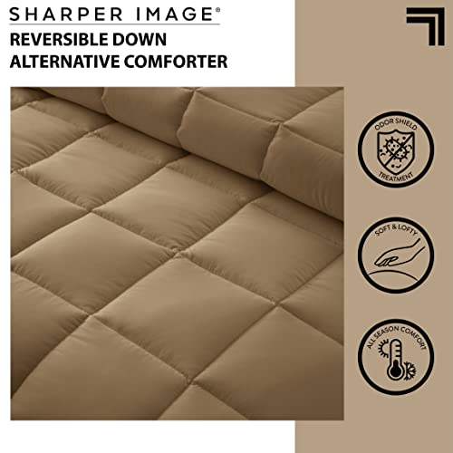 SHARPER IMAGE All Season Down Alternative Box Stitch Reversible Comforter, King, Tan