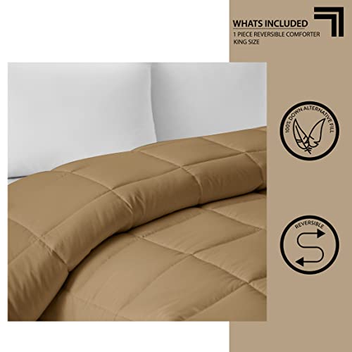 SHARPER IMAGE All Season Down Alternative Box Stitch Reversible Comforter, King, Tan