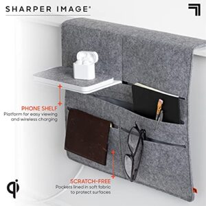 Sharper Image Wireless Qi-Charging Bed Caddy, Soft Fabric Organizing Pockets with Phone Shelf and Universal Bed Attachment