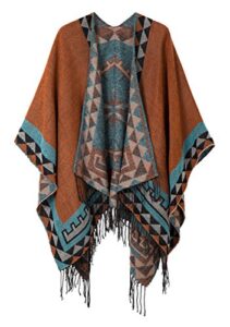 urban coco women’s printed tassel open front poncho cape cardigan wrap shawl (orange-series 5)