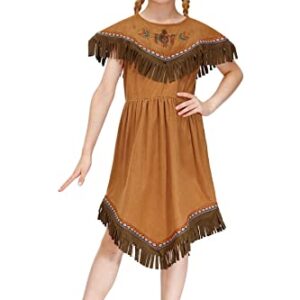 IIMMER Girls Halloween Native American Costume Brown Fringed Indians Pleated Aline Dress Outfit with Headband 9-10 Years