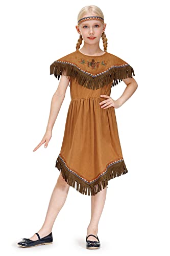 IIMMER Girls Halloween Native American Costume Brown Fringed Indians Pleated Aline Dress Outfit with Headband 9-10 Years