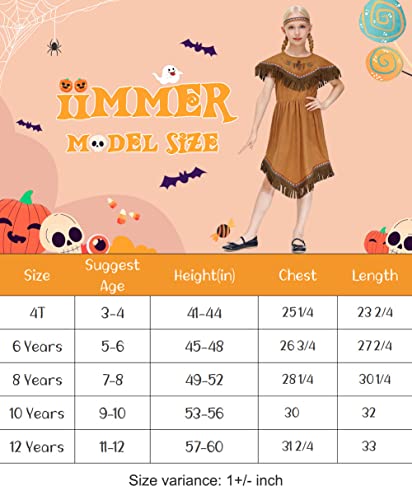 IIMMER Girls Halloween Native American Costume Brown Fringed Indians Pleated Aline Dress Outfit with Headband 9-10 Years