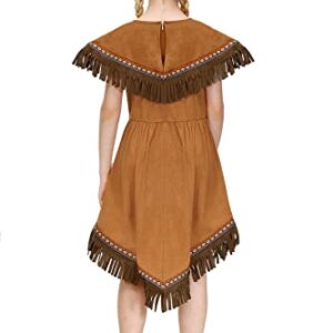 IIMMER Girls Halloween Native American Costume Brown Fringed Indians Pleated Aline Dress Outfit with Headband 9-10 Years