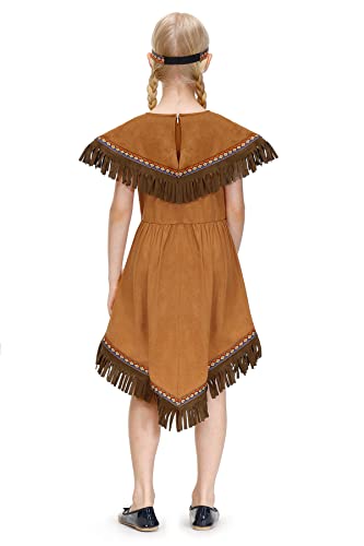 IIMMER Girls Halloween Native American Costume Brown Fringed Indians Pleated Aline Dress Outfit with Headband 9-10 Years