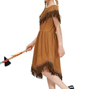 IIMMER Girls Halloween Native American Costume Brown Fringed Indians Pleated Aline Dress Outfit with Headband 9-10 Years