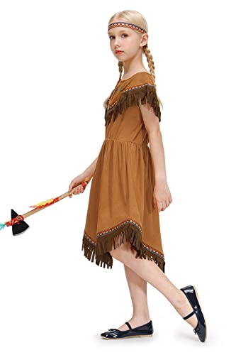 IIMMER Girls Halloween Native American Costume Brown Fringed Indians Pleated Aline Dress Outfit with Headband 9-10 Years