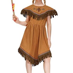 IIMMER Girls Halloween Native American Costume Brown Fringed Indians Pleated Aline Dress Outfit with Headband 9-10 Years