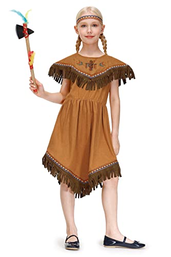 IIMMER Girls Halloween Native American Costume Brown Fringed Indians Pleated Aline Dress Outfit with Headband 9-10 Years