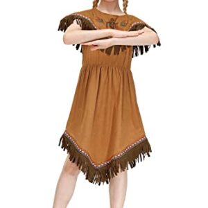 IIMMER Girls Halloween Native American Costume Brown Fringed Indians Pleated Aline Dress Outfit with Headband 9-10 Years