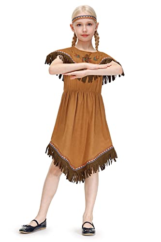 IIMMER Girls Halloween Native American Costume Brown Fringed Indians Pleated Aline Dress Outfit with Headband 9-10 Years