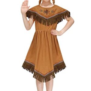 IIMMER Girls Halloween Native American Costume Brown Fringed Indians Pleated Aline Dress Outfit with Headband 9-10 Years