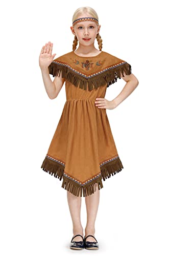 IIMMER Girls Halloween Native American Costume Brown Fringed Indians Pleated Aline Dress Outfit with Headband 9-10 Years