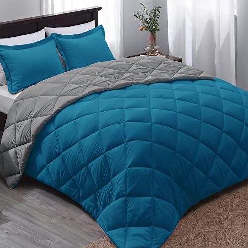 Basic Beyond Down Alternative Comforter Set (Queen, Algiers Blue/Charcoal Gray) - Reversible Bed Comforter with 2 Pillow Shams for All Seasons