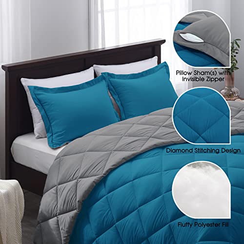 Basic Beyond Down Alternative Comforter Set (Queen, Algiers Blue/Charcoal Gray) - Reversible Bed Comforter with 2 Pillow Shams for All Seasons