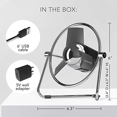 SHARPER IMAGE SBM1-SI USB Fan with Soft Blades, 2 Speeds, Touch Control, Quiet Operation, Metal Frame, 5V Wall Adapter, 6 ft. Cable, Personal, Black/Chrome