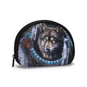 oxford cloth native american indians wolf coin purse small zipper wallet bag change pouch mini cosmetic makeup bags organizer multipurpose pouches