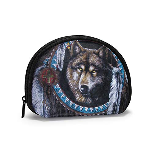 Oxford Cloth Native American Indians Wolf Coin Purse Small Zipper Wallet Bag Change Pouch Mini Cosmetic Makeup Bags Organizer Multipurpose Pouches