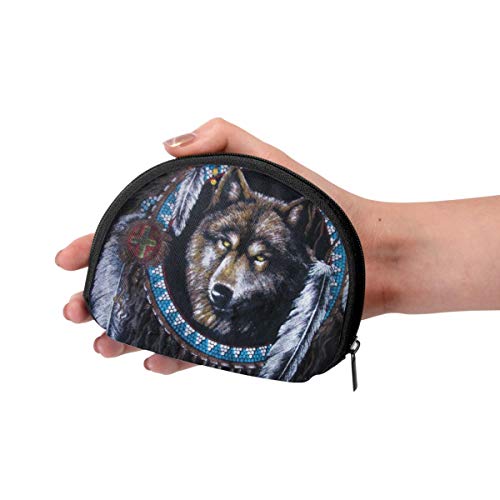 Oxford Cloth Native American Indians Wolf Coin Purse Small Zipper Wallet Bag Change Pouch Mini Cosmetic Makeup Bags Organizer Multipurpose Pouches