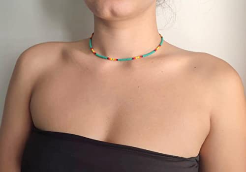 Beaded Choker Necklace for women and Teen Girls, Boho Bohemian Hippie Adjustable Colorful Seed Beads Necklace, Handmade Native American Western Style Jewelry by TRIBES (Turquoise)