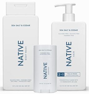 native deodorant, 2-in-1 shampoo and conditioner, & body wash set | made with naturally derived clean ingredients, sea salt & cedar – set of 3