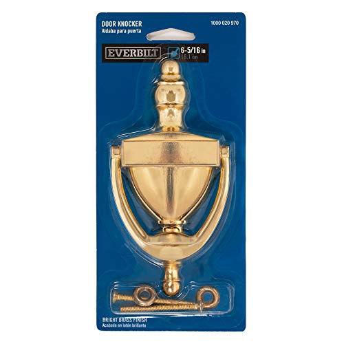 Everbilt 6-5/16 Inches Bright Brass Door Knocker - Steel Construction with a Decorative Finish - Heavy Duty Front Door Hardware with Screws