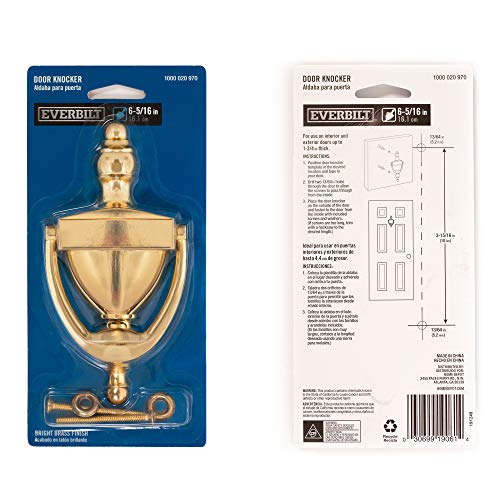 Everbilt 6-5/16 Inches Bright Brass Door Knocker - Steel Construction with a Decorative Finish - Heavy Duty Front Door Hardware with Screws