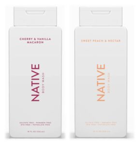 native body wash twin pack | naturally derived clean ingredients, 18 fl oz (532 ml) each (cherry vanilla & macaron/ sweet peach & nectar)