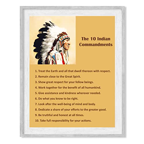 "The 10 Indian Commandments" Vintage Native American Wall Art -8 x 10" Motivational Spiritual Print w/Indian Chief Image-Ready to Frame. Inspirational Home-Office-Classroom-Library Decor. Great Gift!