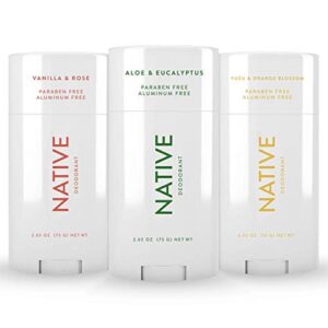 native deodorant – natural deodorant for women and men – 3 pack – aluminum free, free of parabens and sulfates – vegan, contains probiotics – aloe & eucalyptus, vanilla & rose, yuzu & orange
