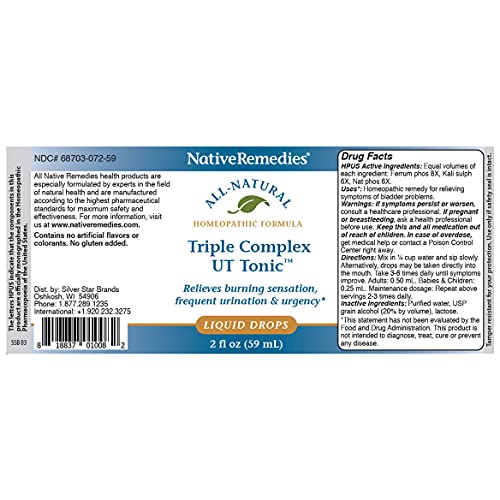 Native Remedies Triple Complex UT Tonic - Natural Homeopathic Formula to Relieve Bladder Irritation, Burning Sensation, Frequent Urination and Urgency - 59 mL