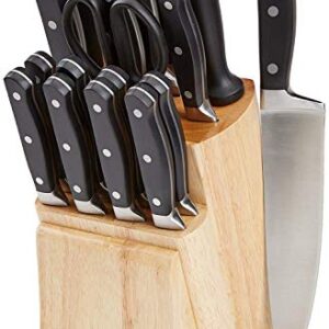 Amazon Basics 18-Piece Premium Kitchen Knife Block Set, High-Carbon Stainless Steel Blades with Pine Wood Knife Block