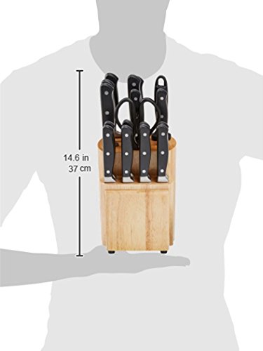 Amazon Basics 18-Piece Premium Kitchen Knife Block Set, High-Carbon Stainless Steel Blades with Pine Wood Knife Block