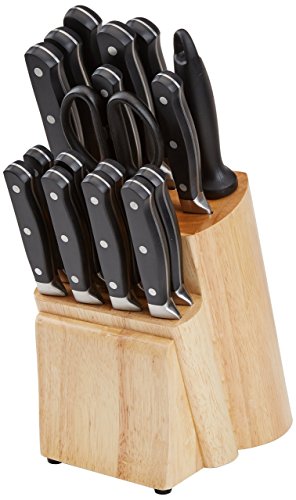Amazon Basics 18-Piece Premium Kitchen Knife Block Set, High-Carbon Stainless Steel Blades with Pine Wood Knife Block