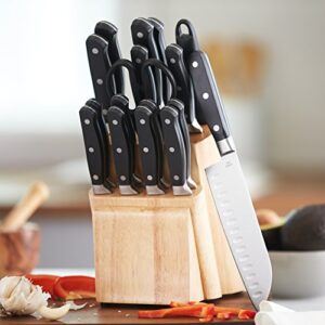 Amazon Basics 18-Piece Premium Kitchen Knife Block Set, High-Carbon Stainless Steel Blades with Pine Wood Knife Block