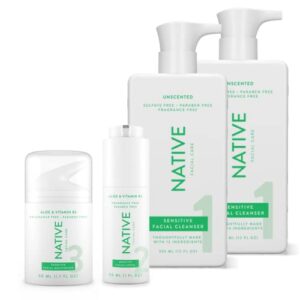 native sensitive skin bundle – facial cleanser (2), facial moisturizer (1) and facial serum (1) – the perfect 3-step routine for sensitive skin