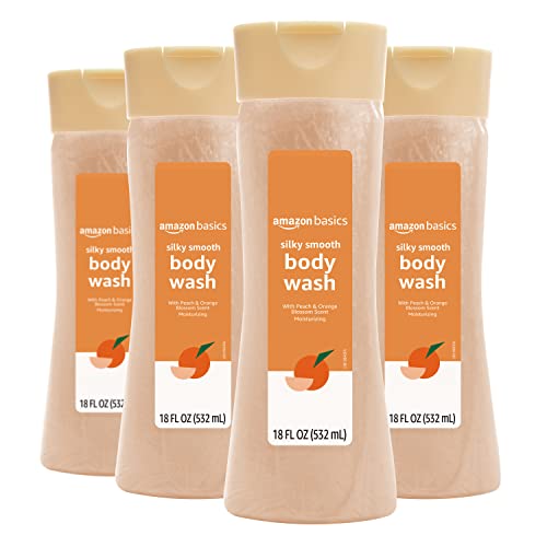 Amazon Basics Silky Smooth Body Wash, Peach and Orange Blossom Scent, 18 Fluid Ounces, Pack of 4