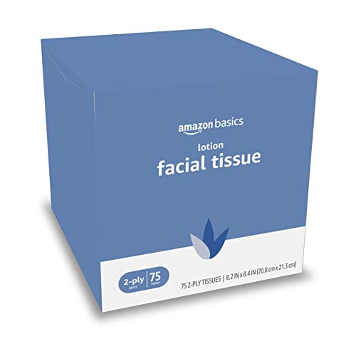 Amazon Basics Facial Tissue with Lotion, 75 Tissues per Box, 18 Cube Boxes (1350 Tissues total) (Previously Solimo)