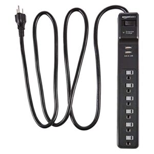 amazon basics 6-outlet surge protector power strip with 2 usb ports – 1000 joule, black