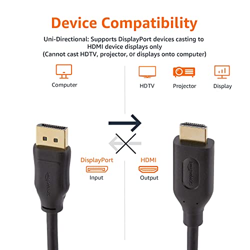 Amazon Basics Uni-Directional DisplayPort to HDMI Display Cable 4K@30Hz - 6 Feet, 10-Pack, Black,Television