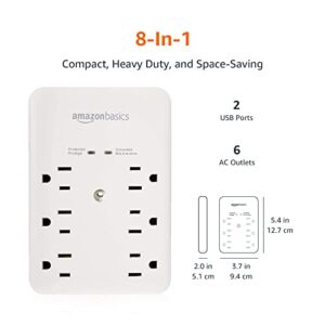 Amazon Basics 6 Outlet, Wall Mount Surge Protector, Power Strip, 2 USB ports 3.4A, 1080 Joules