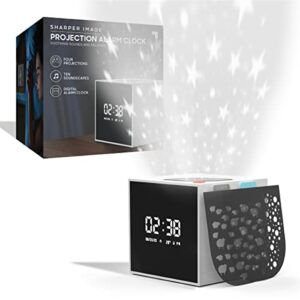 sharper image projection alarm clock with soothing sounds and relaxing visuals, 4 projections & 10 soothing soundscapes, full-function digital alarm clock, project color-changing stars