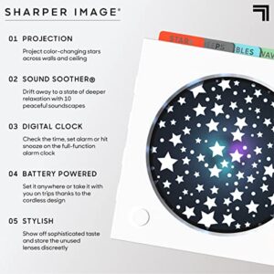 Sharper Image Projection Alarm Clock with Soothing Sounds and Relaxing Visuals, 4 Projections & 10 Soothing Soundscapes, Full-Function Digital Alarm Clock, Project Color-Changing Stars