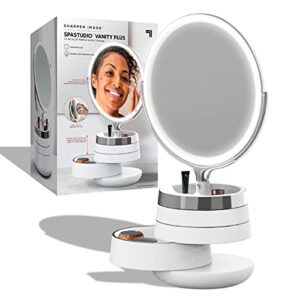 sharper image spastudio vanity plus 10-inch led mirror with storage trays, touch-activated brightness controls, dimmable halo light ring, 5x and 10x magnification