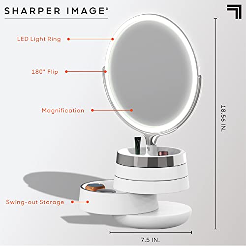 Sharper Image Spastudio Vanity Plus 10-Inch LED Mirror with Storage Trays, Touch-Activated Brightness Controls, Dimmable Halo Light Ring, 5X and 10X Magnification