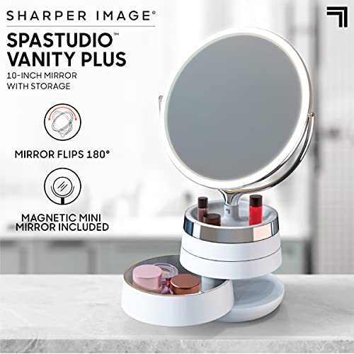 Sharper Image Spastudio Vanity Plus 10-Inch LED Mirror with Storage Trays, Touch-Activated Brightness Controls, Dimmable Halo Light Ring, 5X and 10X Magnification