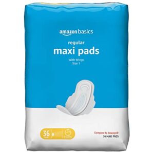 amazon basics thick maxi pads with flexi-wings for periods, regular absorbency, unscented, size 1, 36 count, 1 pack (previously solimo)